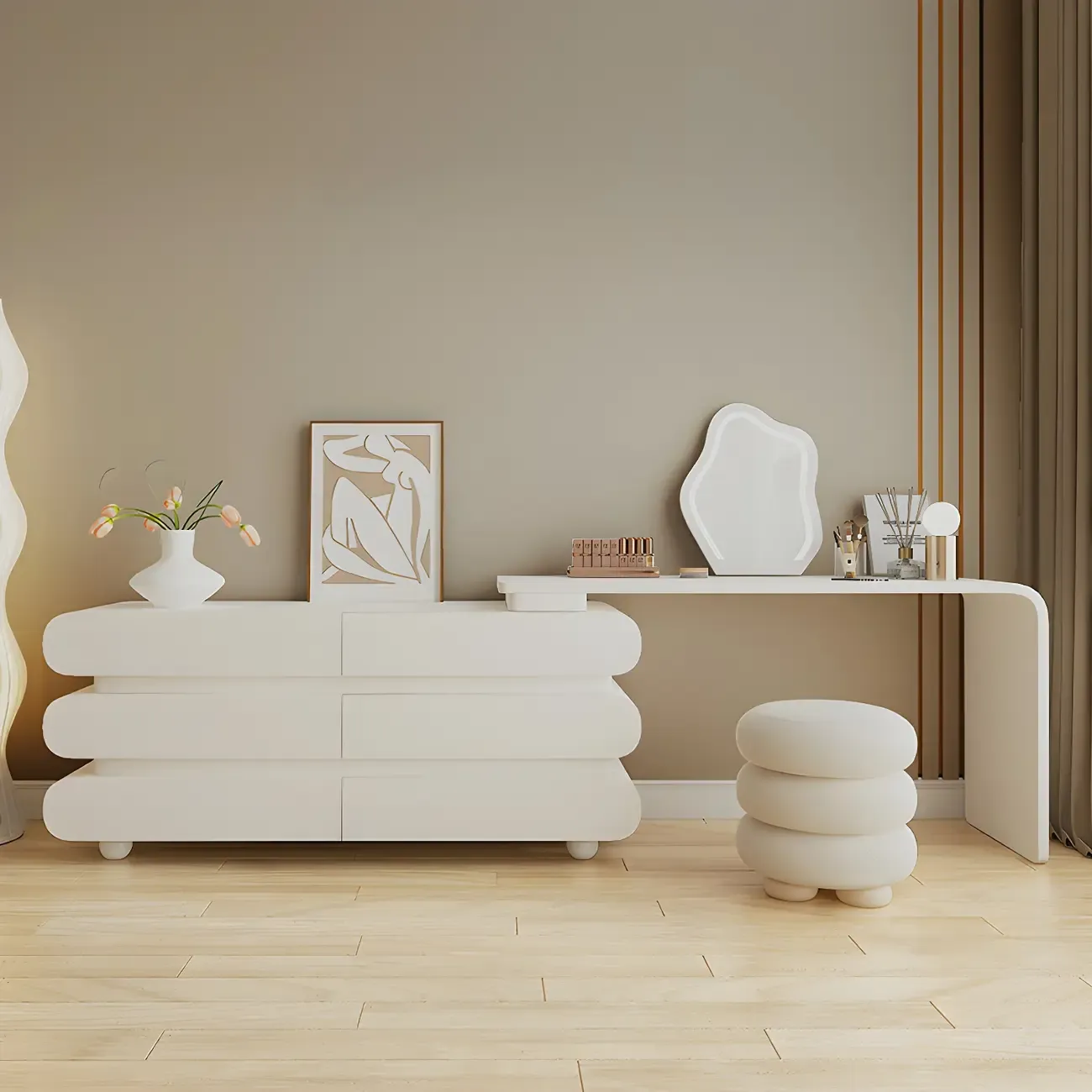 Glam White Oval Wooden Double Dresser with Soft Close Drawers Image - 8