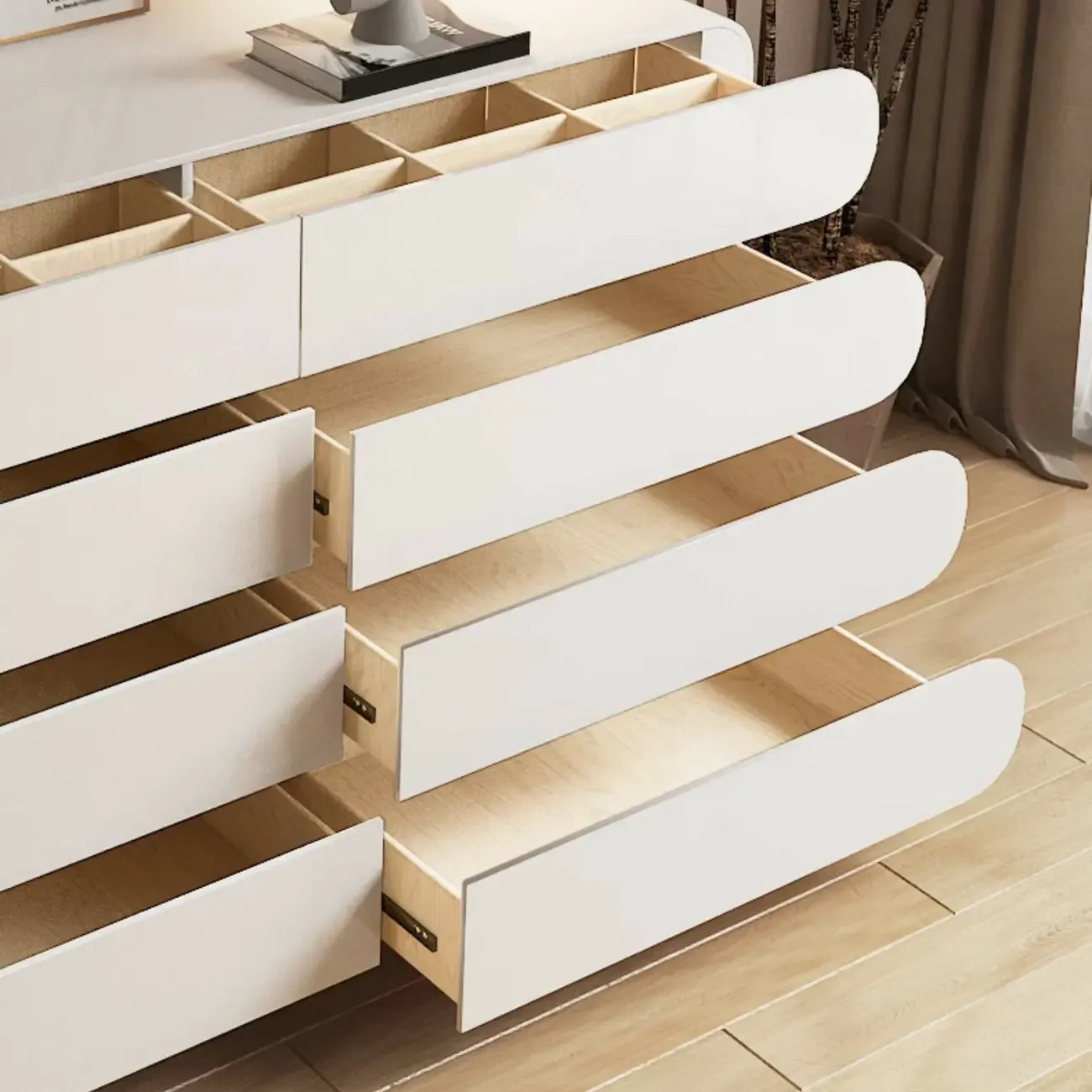 Glam White Oval Wooden Double Dresser with Soft Close Drawers Image - 10