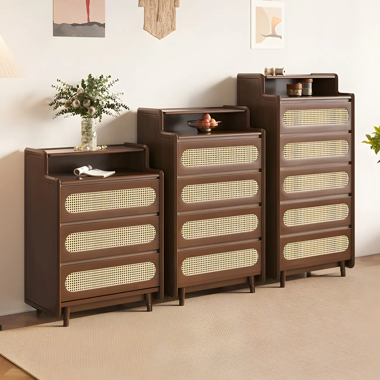 Brown Wood Rattan Front Accent Chest with Multi-Drawer | homeyfad