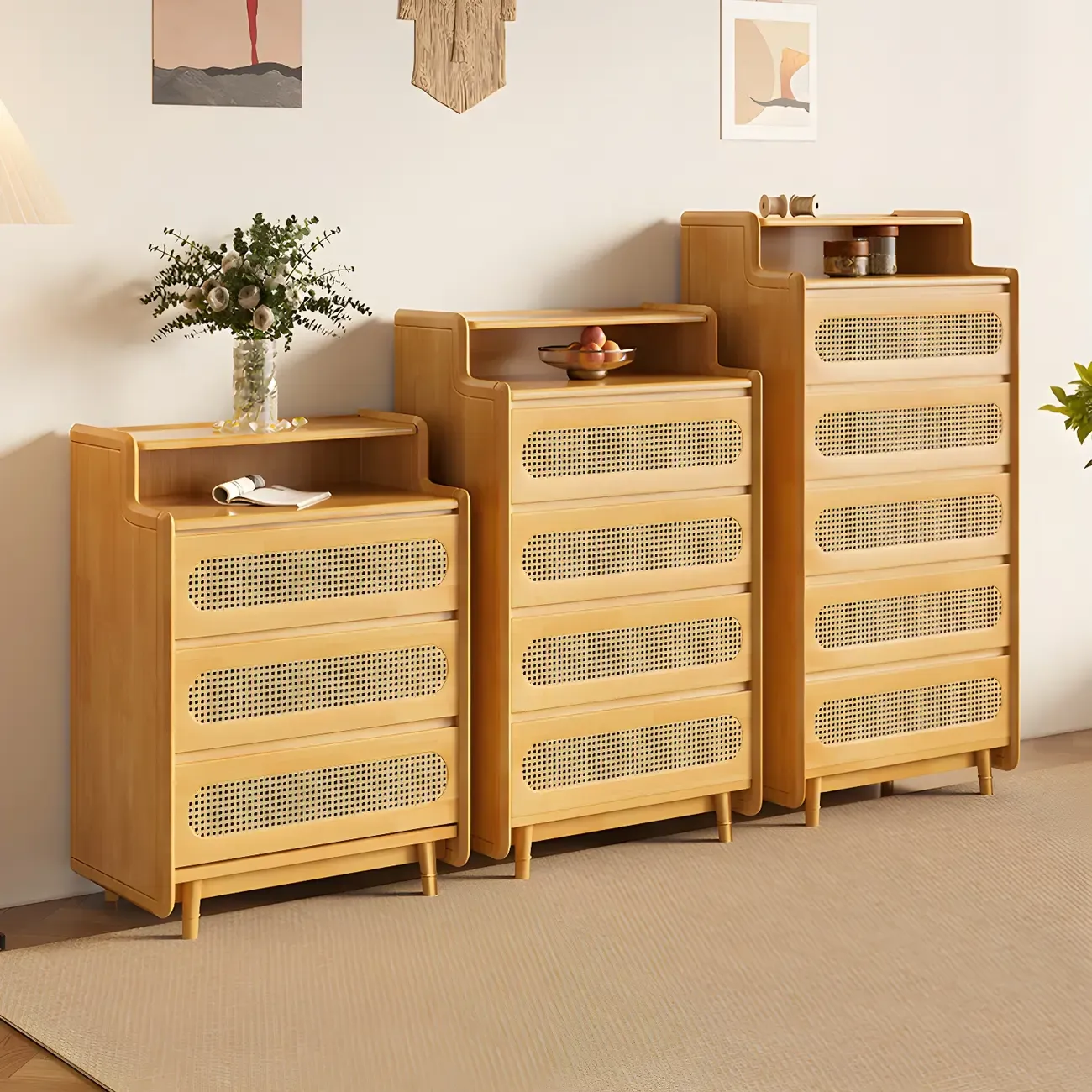 Brown Wood Rattan Front Accent Chest with Multi-Drawer