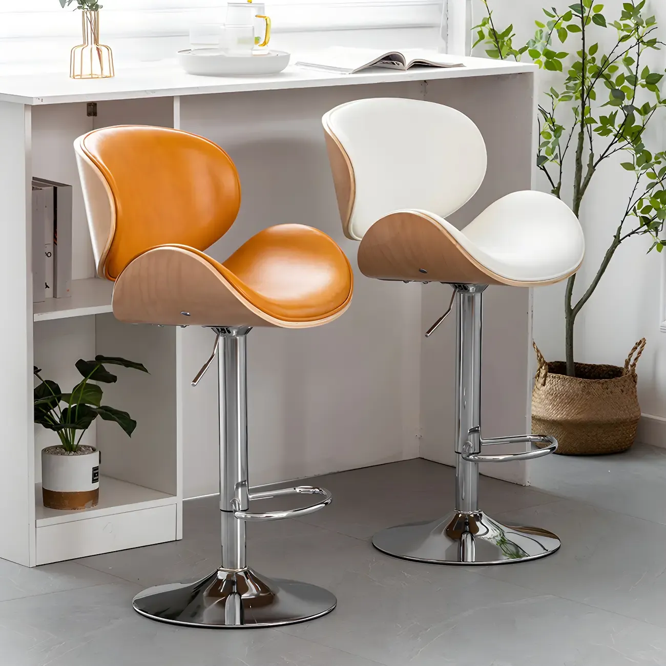 Arched Blackish Green Leather Swivel Adjustable Bar Stool Image - 4