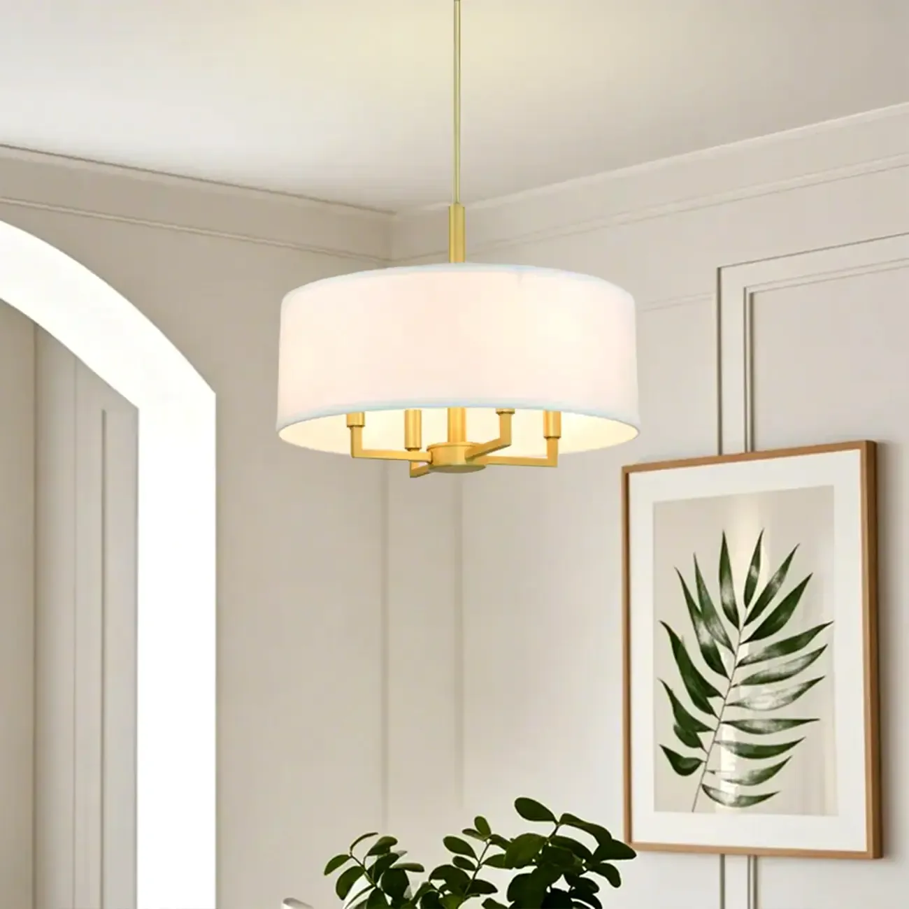 Modern Fabric Drum Chandeliers with Elegant Gold Finish Image - 1