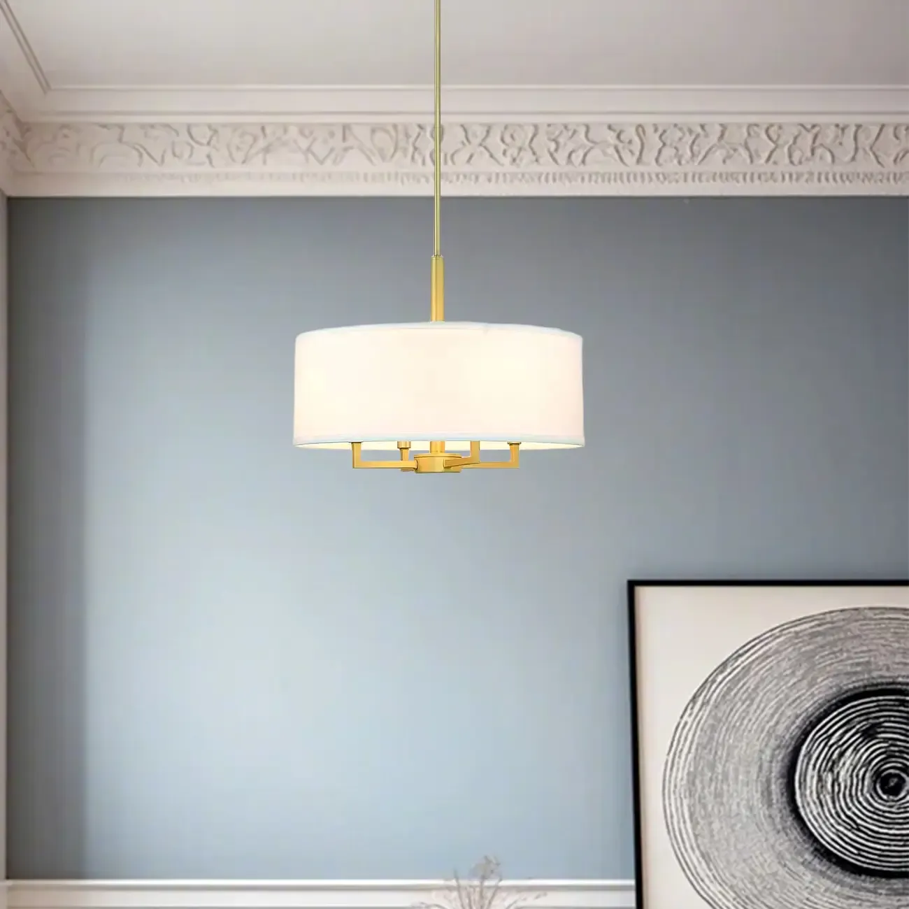 Modern Fabric Drum Chandeliers with Elegant Gold Finish Image - 2