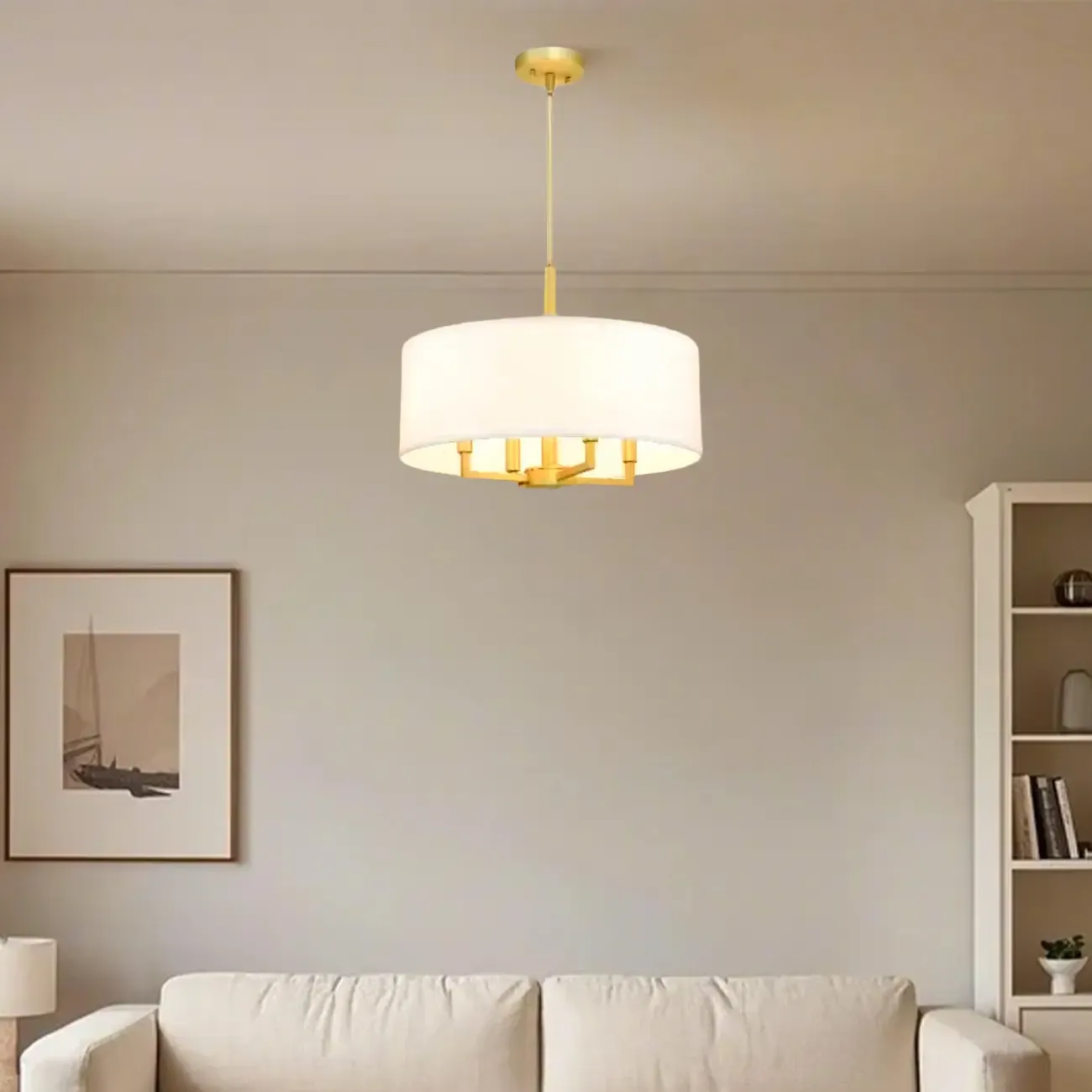 Modern Fabric Drum Chandeliers with Elegant Gold Finish Image - 3