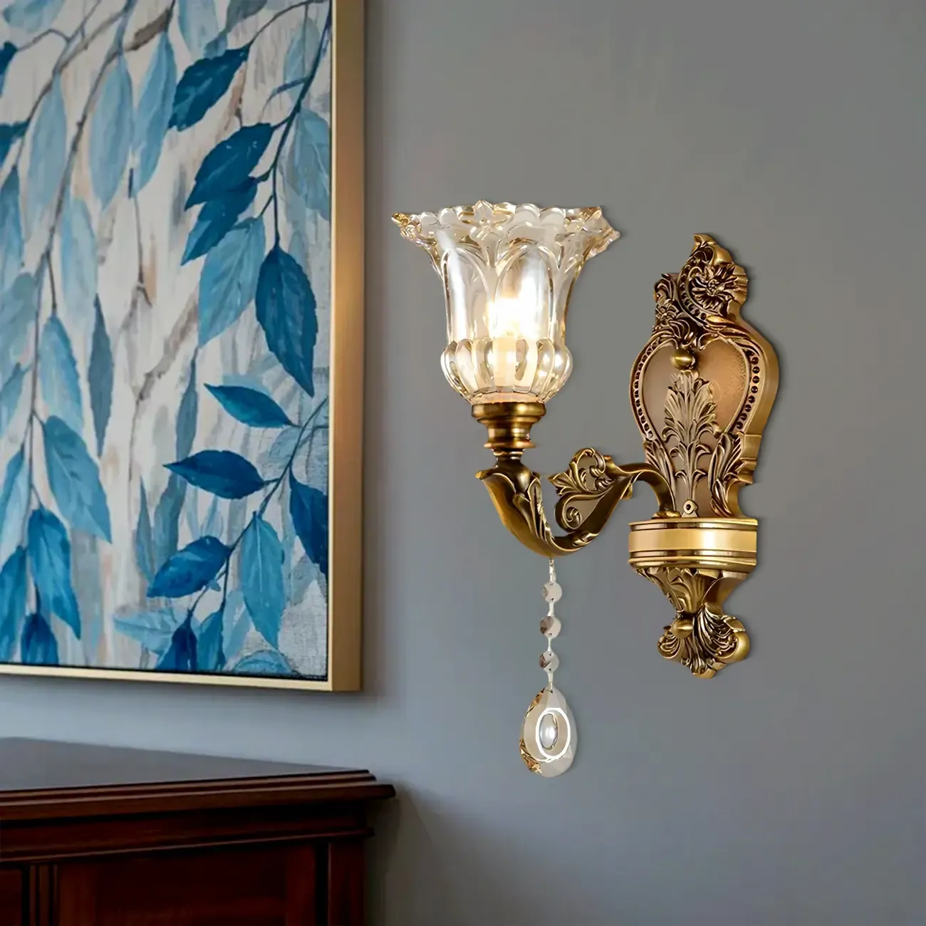 Vintage Brass Glass Flower Crystal Wall Sconce Image - 1