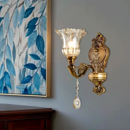 Vintage Brass Glass Flower Crystal Wall Sconce Image - 1