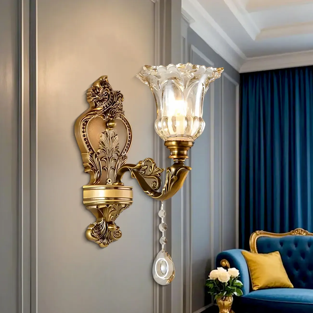 Vintage Brass Glass Flower Crystal Wall Sconce Image - 2