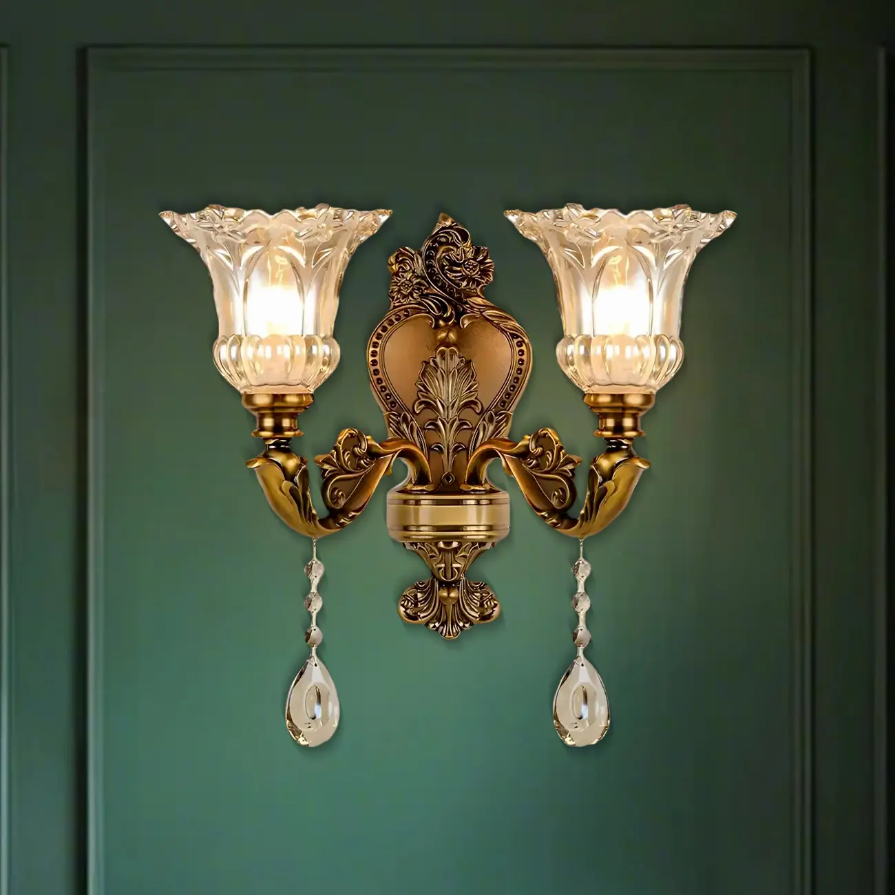 Vintage Brass Glass Flower Crystal Wall Sconce Image - 6 | homeyfad