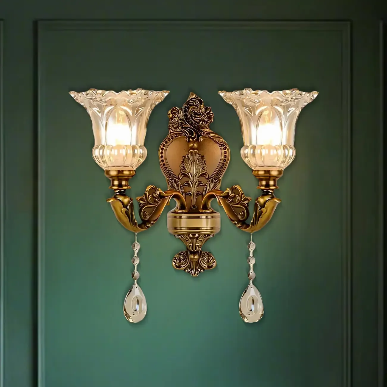 Vintage Brass Glass Flower Crystal Wall Sconce Image - 6