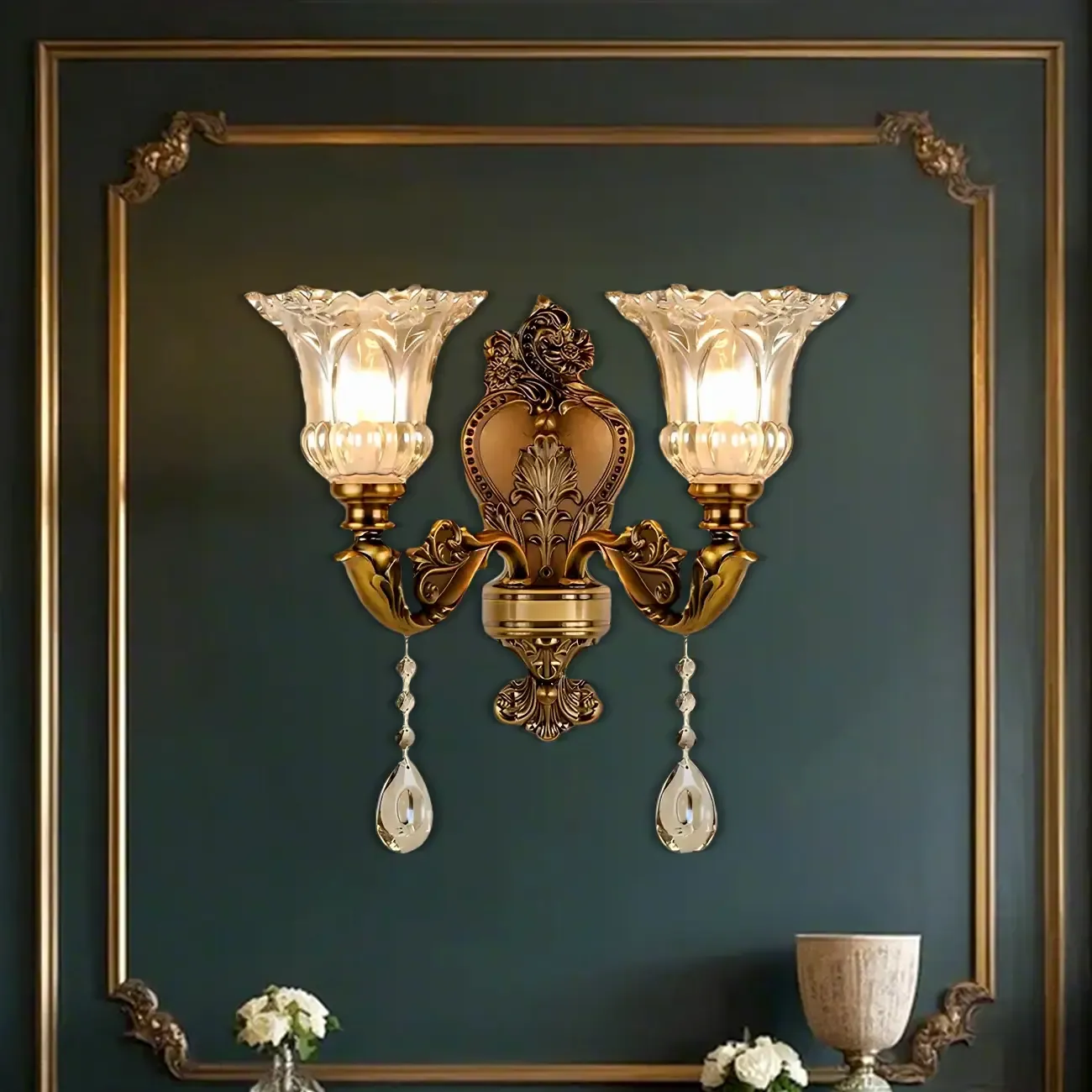 Vintage Brass Glass Flower Crystal Wall Sconce Image - 7