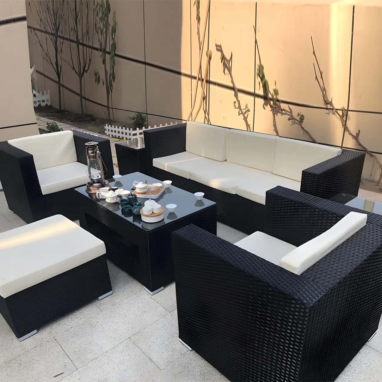 Modern Symmetrical Upholstered Wicker Outdoor Sofa Image - 1 | homeyfad