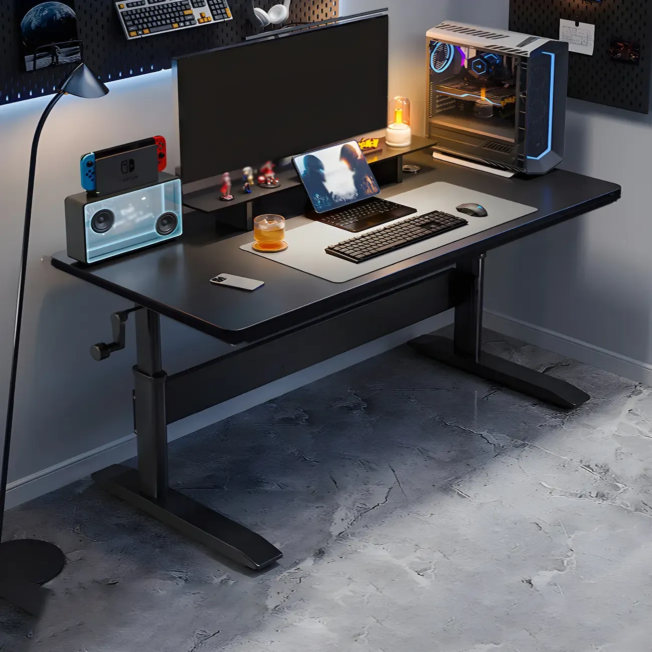 Elegant Wooden T-Shape Adjustable Standing Desk with Storage Image - 3