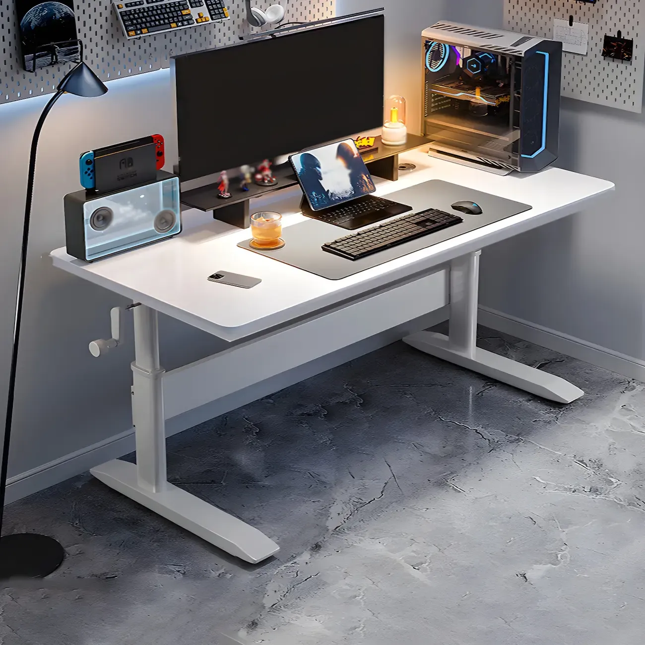 Elegant Wooden T-Shape Adjustable Standing Desk with Storage Image - 5