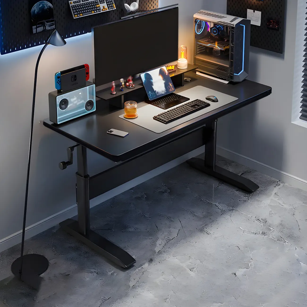 Elegant Wooden T-Shape Adjustable Standing Desk with Storage Image - 4