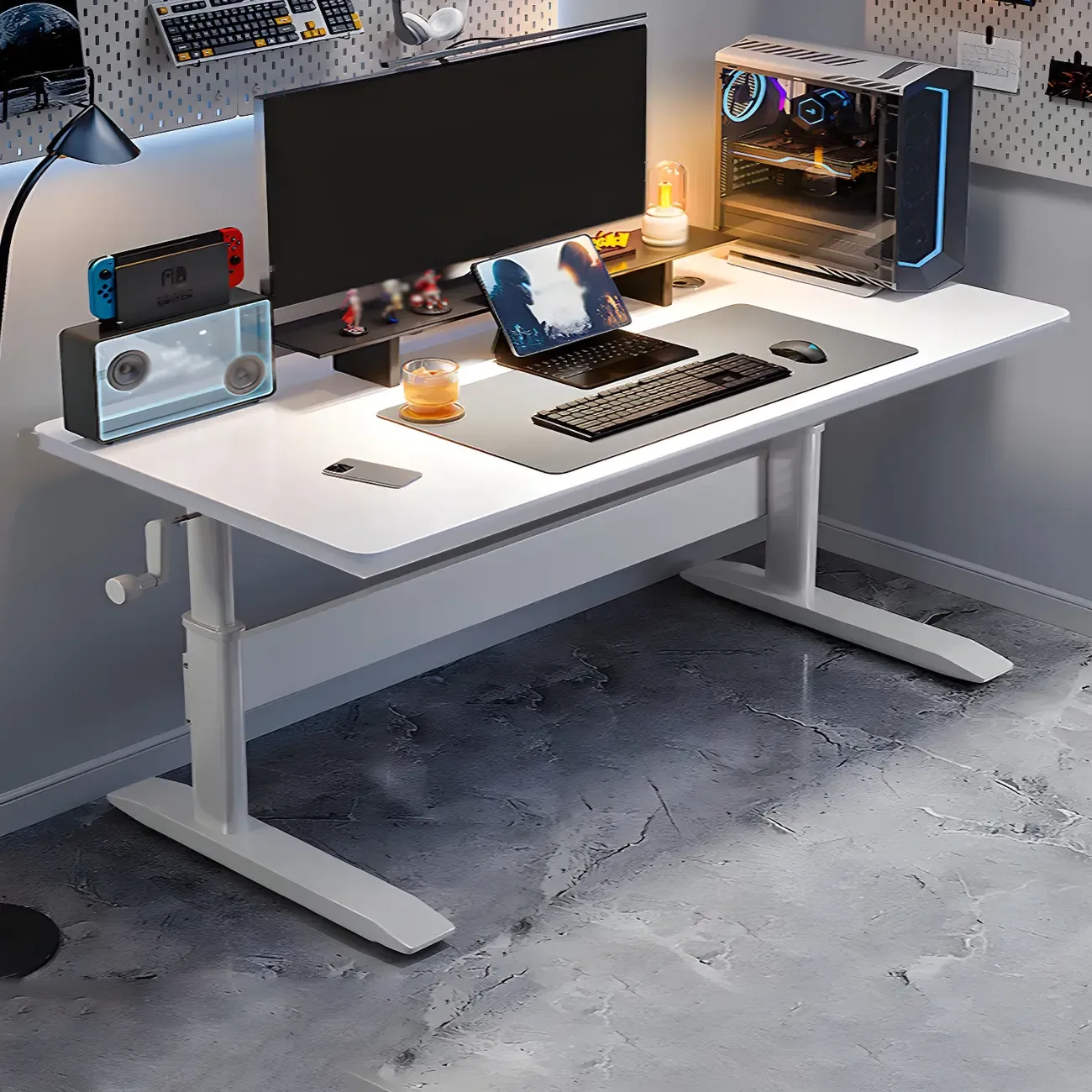 Elegant Wooden T-Shape Adjustable Standing Desk with Storage Image - 8