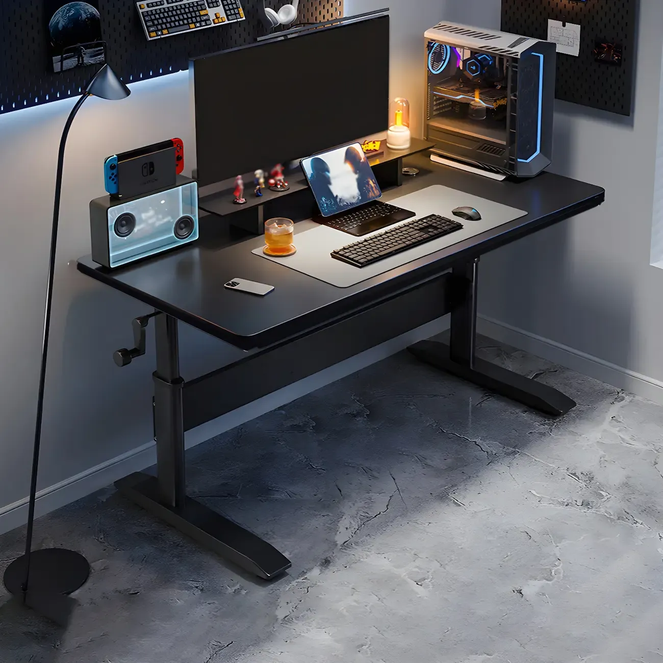 Elegant Wooden T-Shape Adjustable Standing Desk with Storage Image - 7