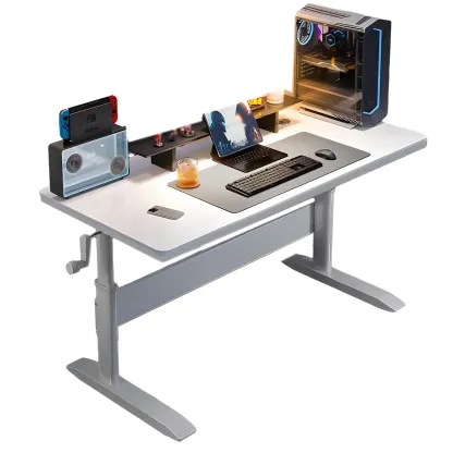 Elegant Wooden T-Shape Adjustable Standing Desk with Storage Image - 9
