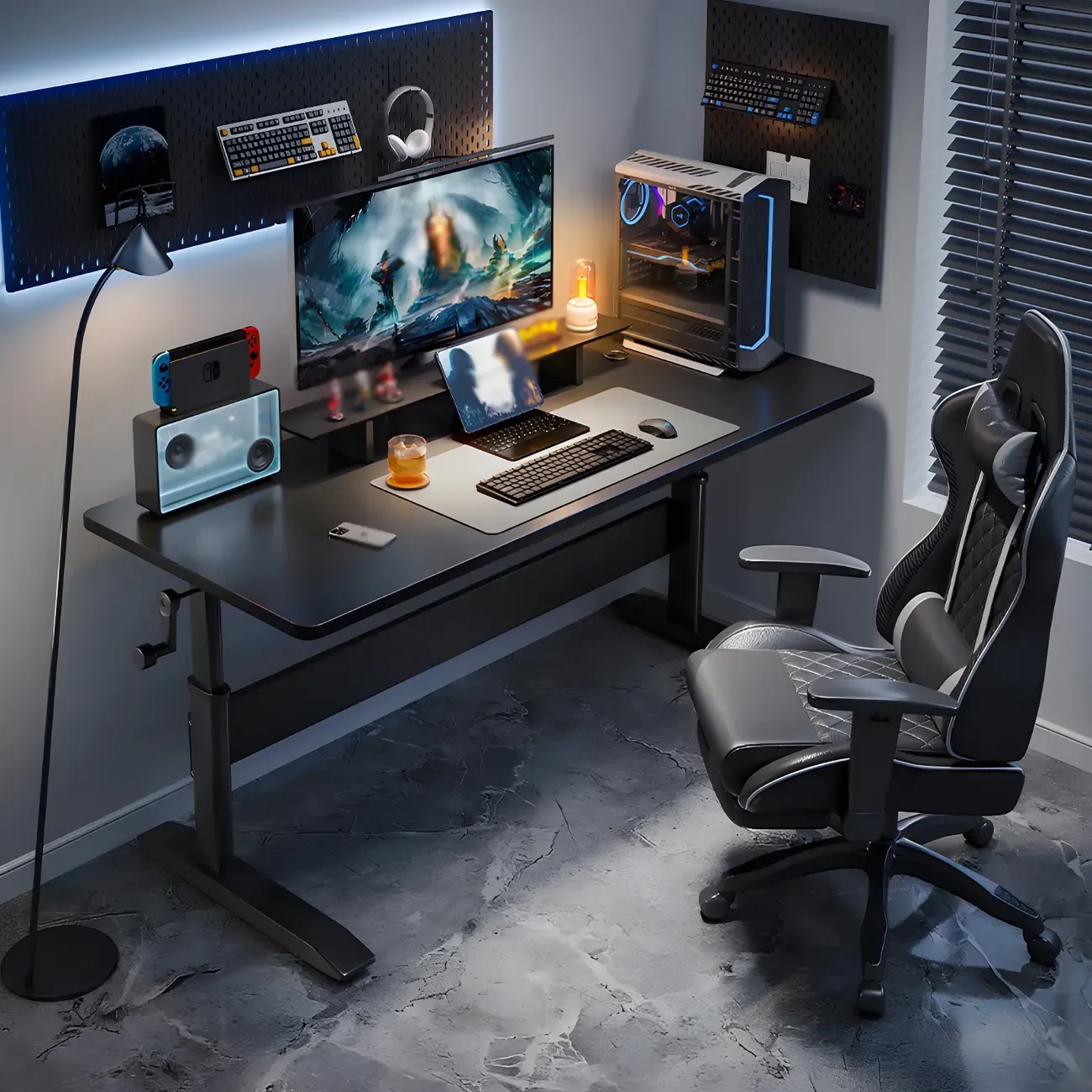 Elegant Wooden T-Shape Adjustable Standing Desk with Storage Image - 15