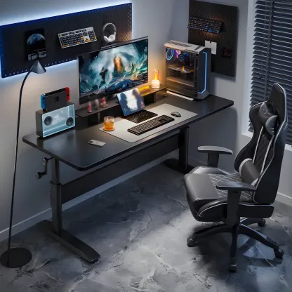 Elegant Wooden T-Shape Adjustable Standing Desk with Storage Image - 15