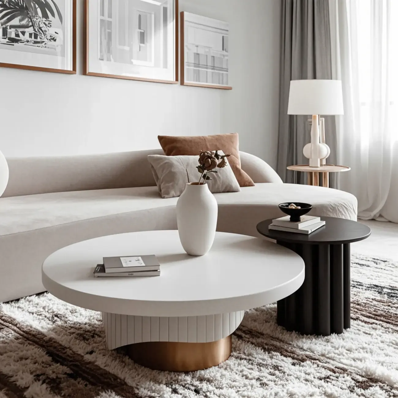 White Modern Stump Base Round Wood Coffee Table Image - 1