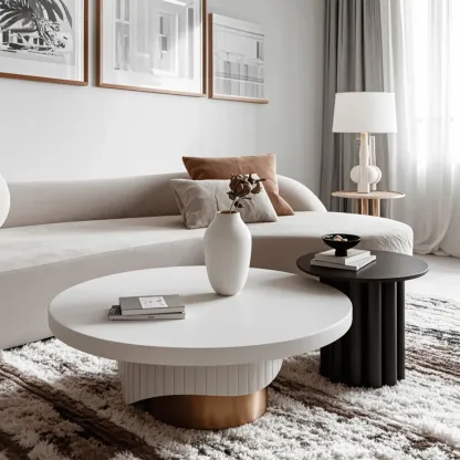 White Modern Stump Base Round Wood Coffee Table Image - 1