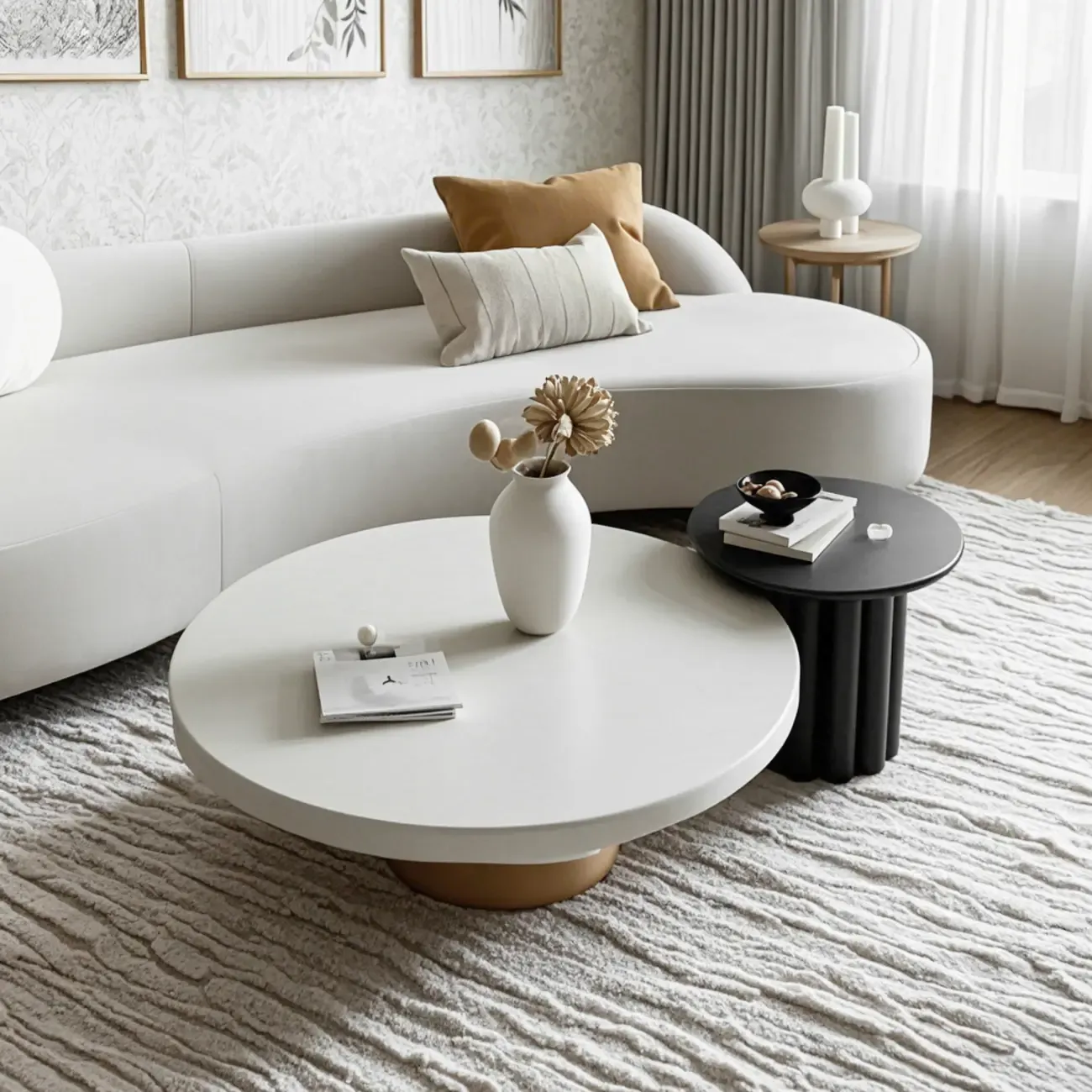 White Modern Stump Base Round Wood Coffee Table Image - 2