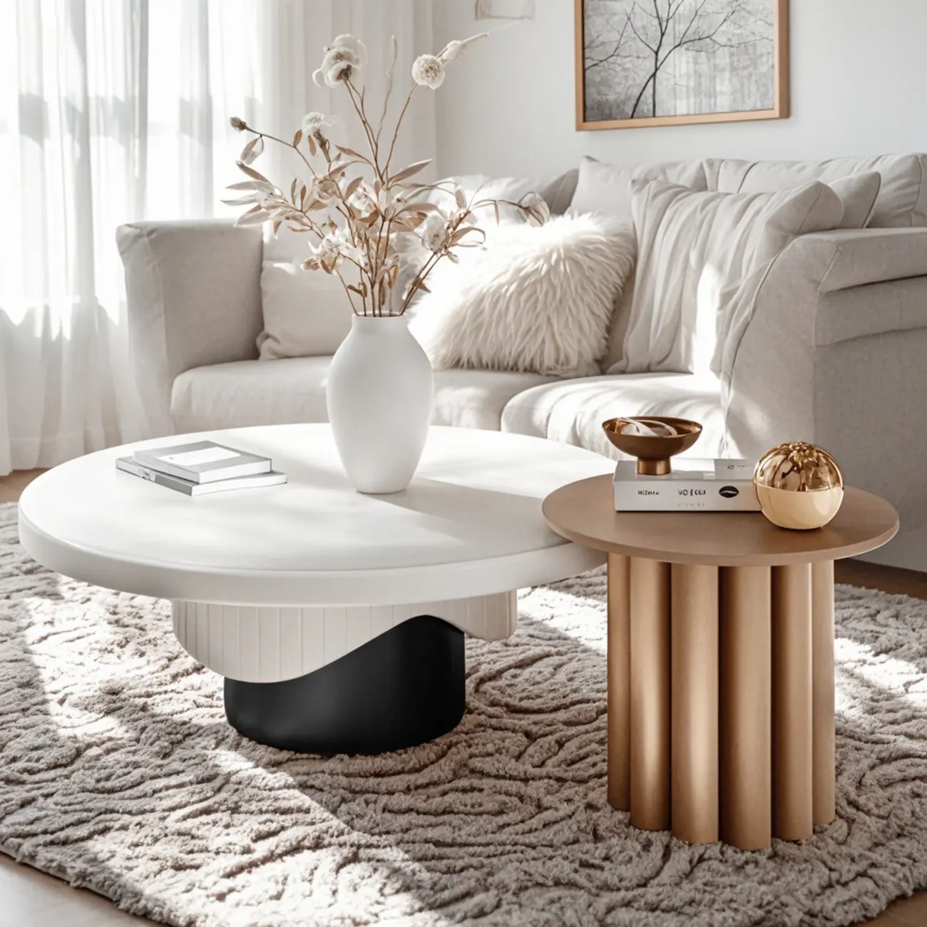 White Modern Stump Base Round Wood Coffee Table Image - 3 | homeyfad