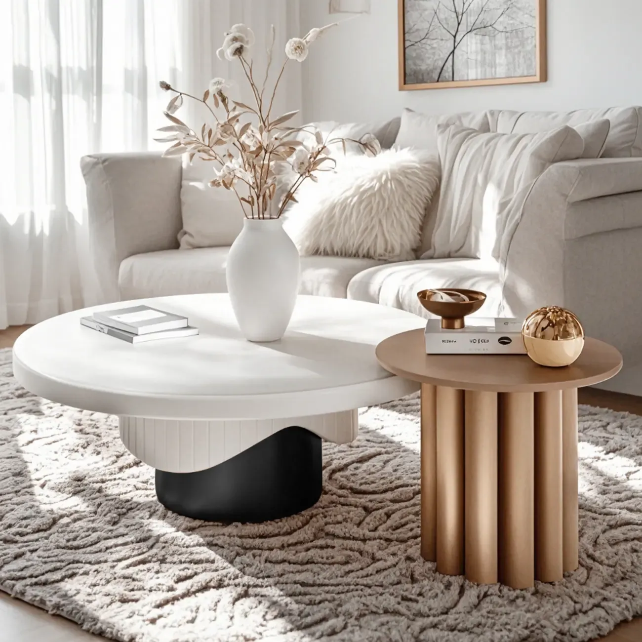 White Modern Stump Base Round Wood Coffee Table Image - 3