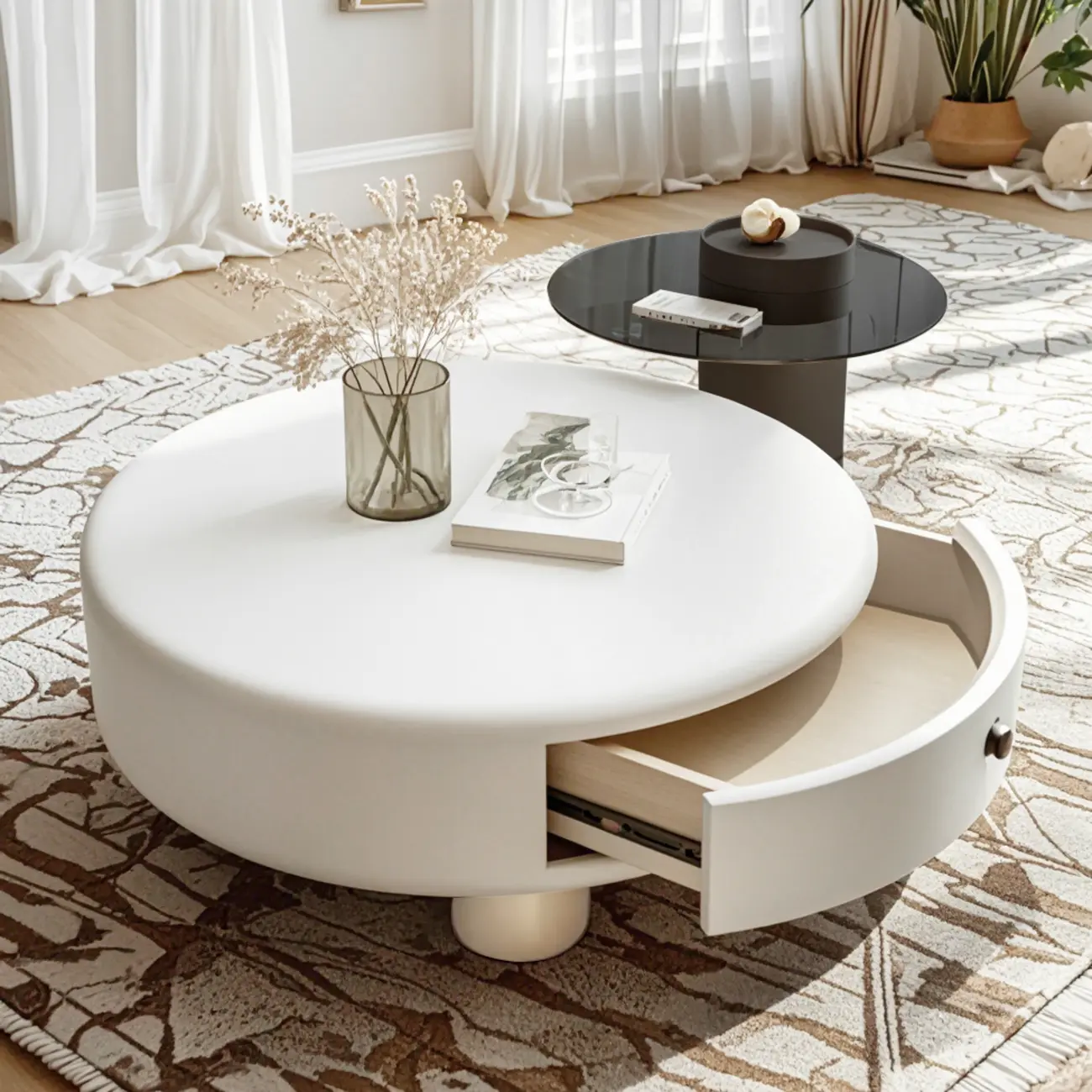 Cream Round Elegant Drawers Round Wood Coffee Table Image - 1 | homeyfad