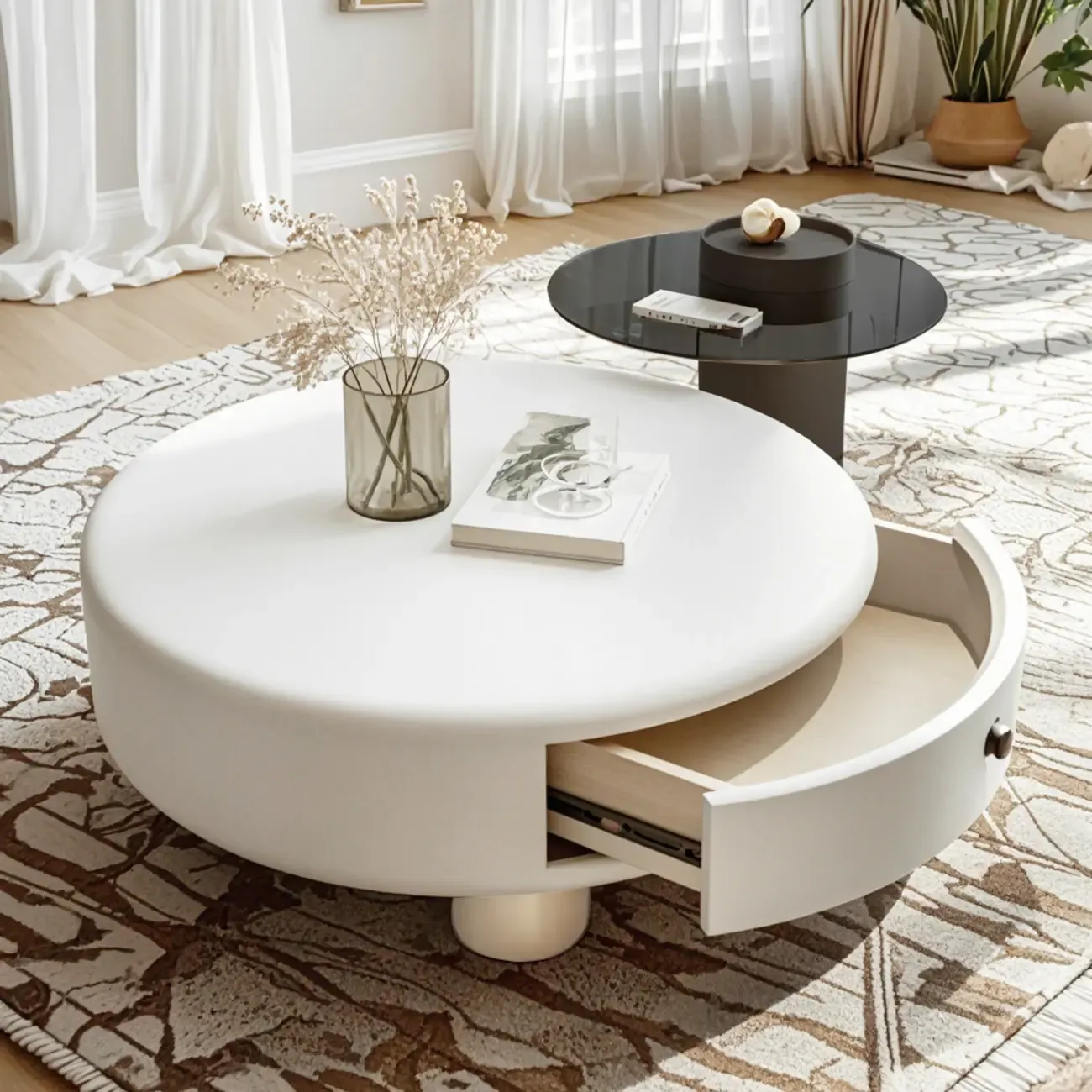 Cream Round Elegant Drawers Round Wood Coffee Table Image - 1