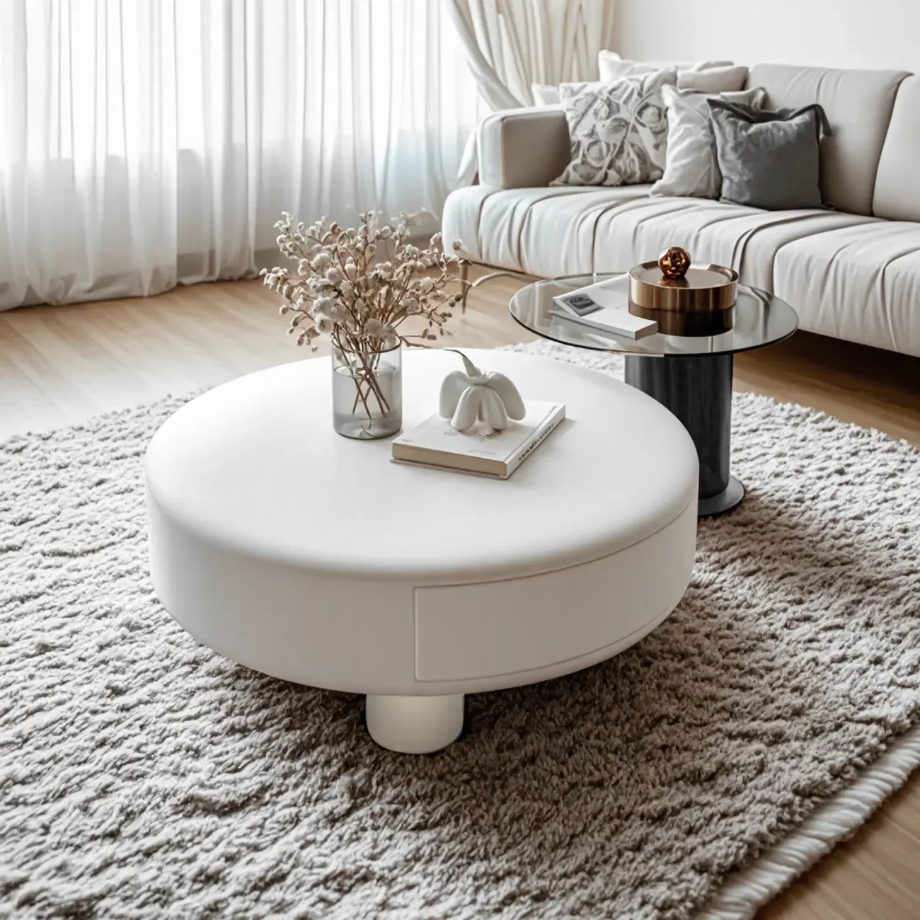 Cream Round Elegant Drawers Round Wood Coffee Table Image - 2