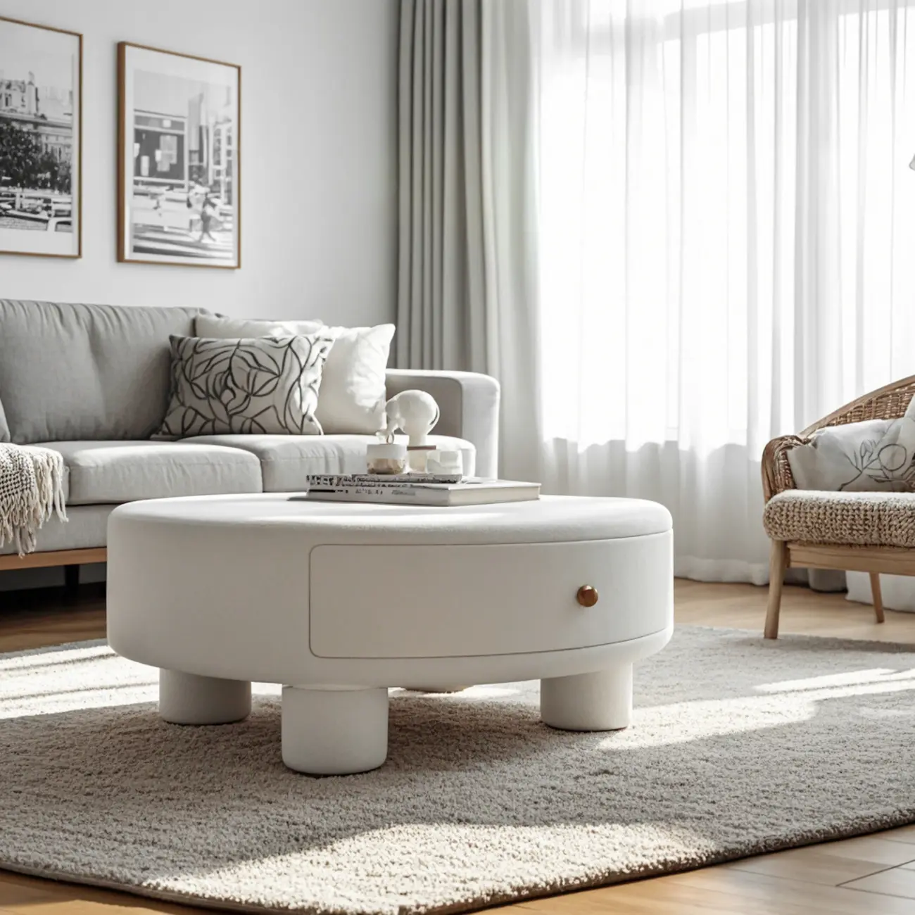 Cream Round Elegant Drawers Round Wood Coffee Table Image - 3 | homeyfad