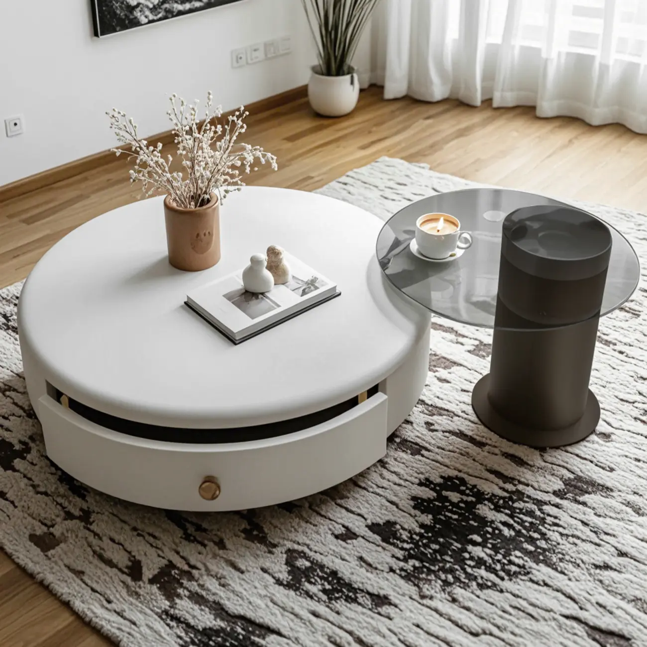 Cream Round Elegant Drawers Round Wood Coffee Table Image - 8 | homeyfad