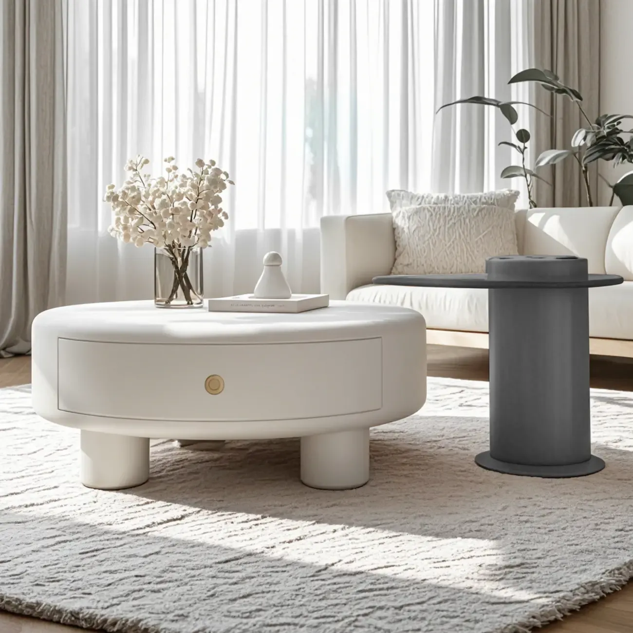 Cream Round Elegant Drawers Round Wood Coffee Table Image - 9