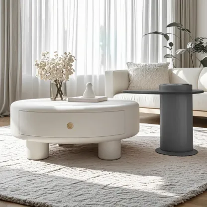 Cream Round Elegant Drawers Round Wood Coffee Table Image - 9
