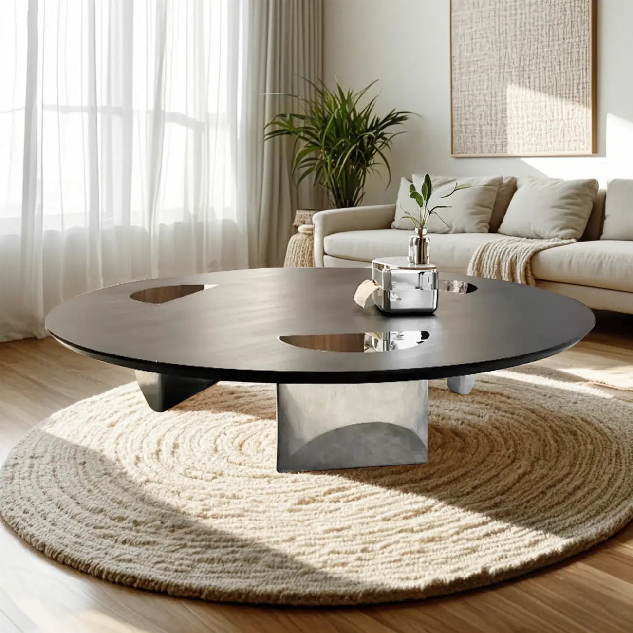 Glam Wood Black Round Table with Abstract Tripod Base Image - 1 | homeyfad