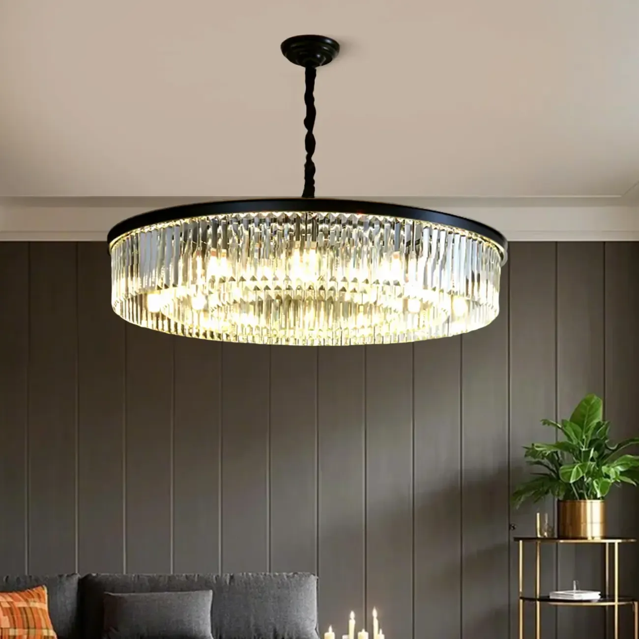 Adjustable Black Round Modern Crystal Chandelier Image - 1