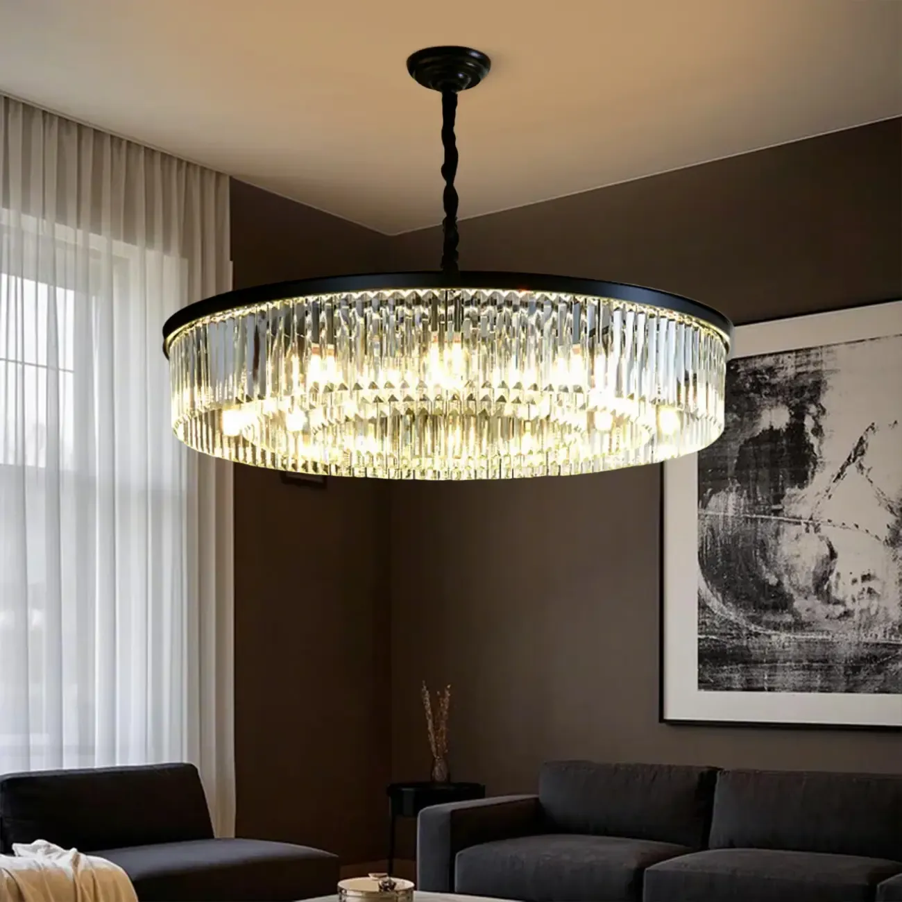 Adjustable Black Round Modern Crystal Chandelier Image - 6