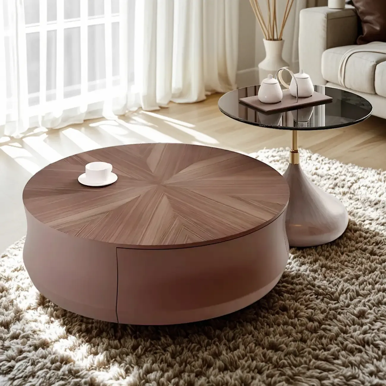 Brown Curved Wooden Round Coffee Table with Storage Image - 1