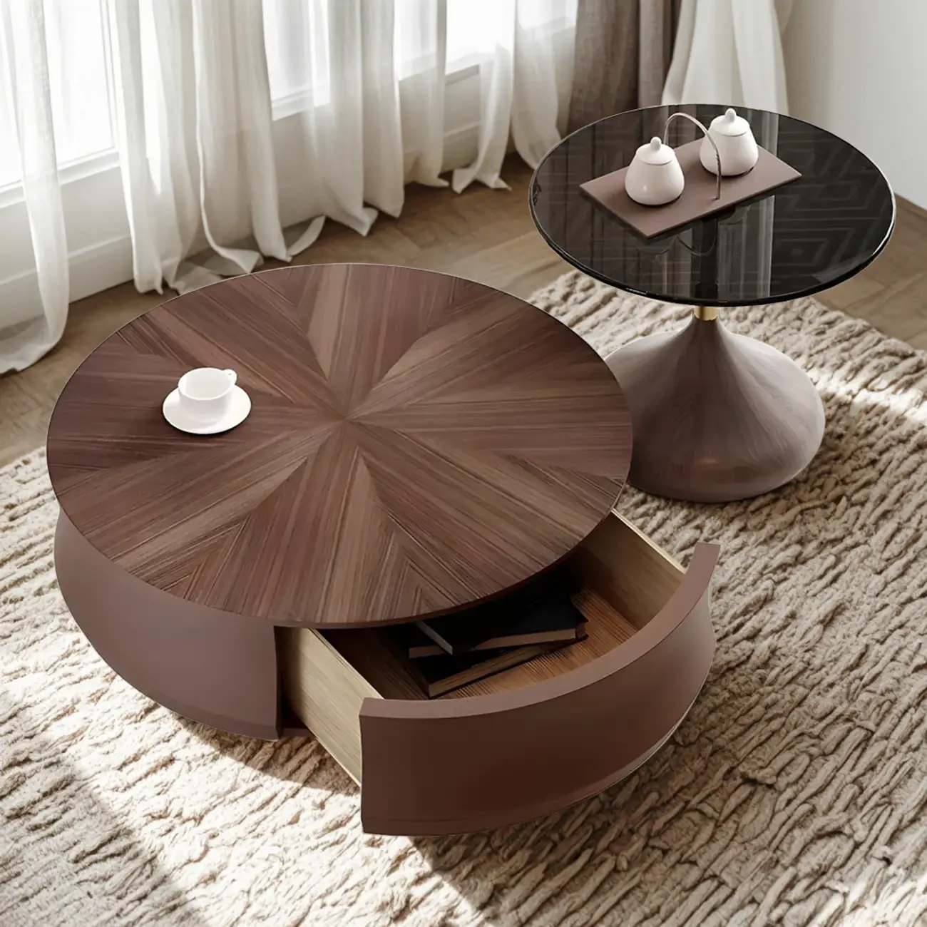 Brown Curved Wooden Round Coffee Table with Storage Image - 2 | homeyfad