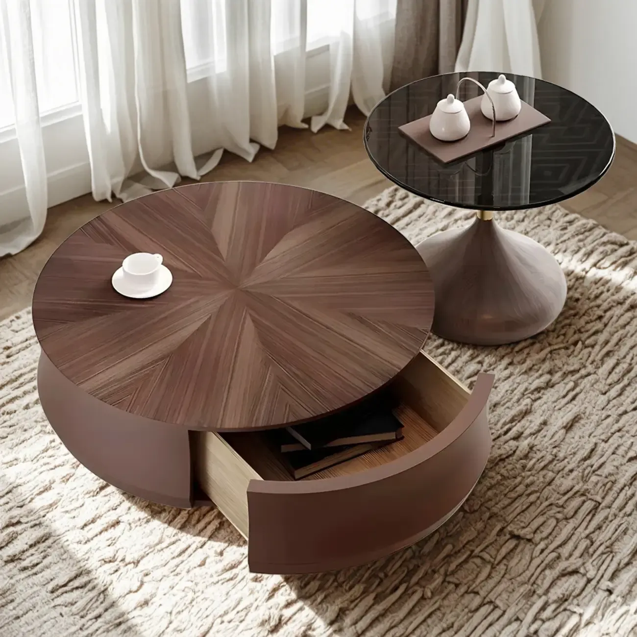 Brown Curved Wooden Round Coffee Table with Storage Image - 2