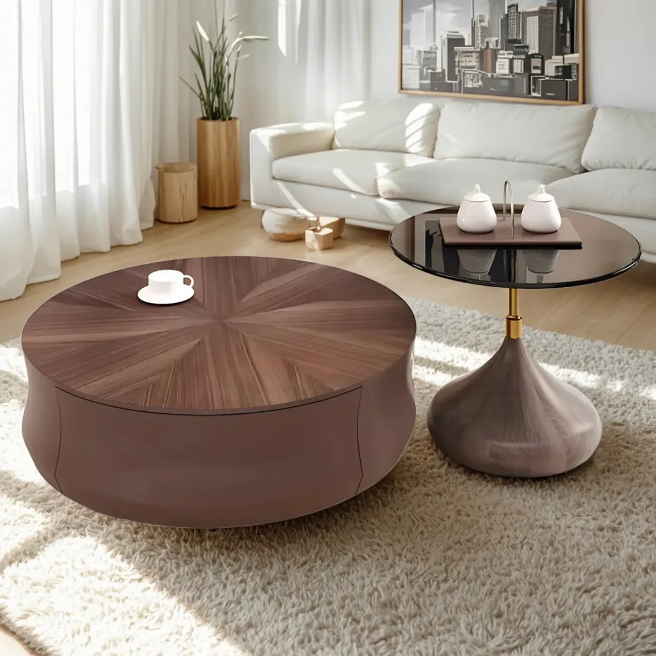 Brown Curved Wooden Round Coffee Table with Storage Image - 3