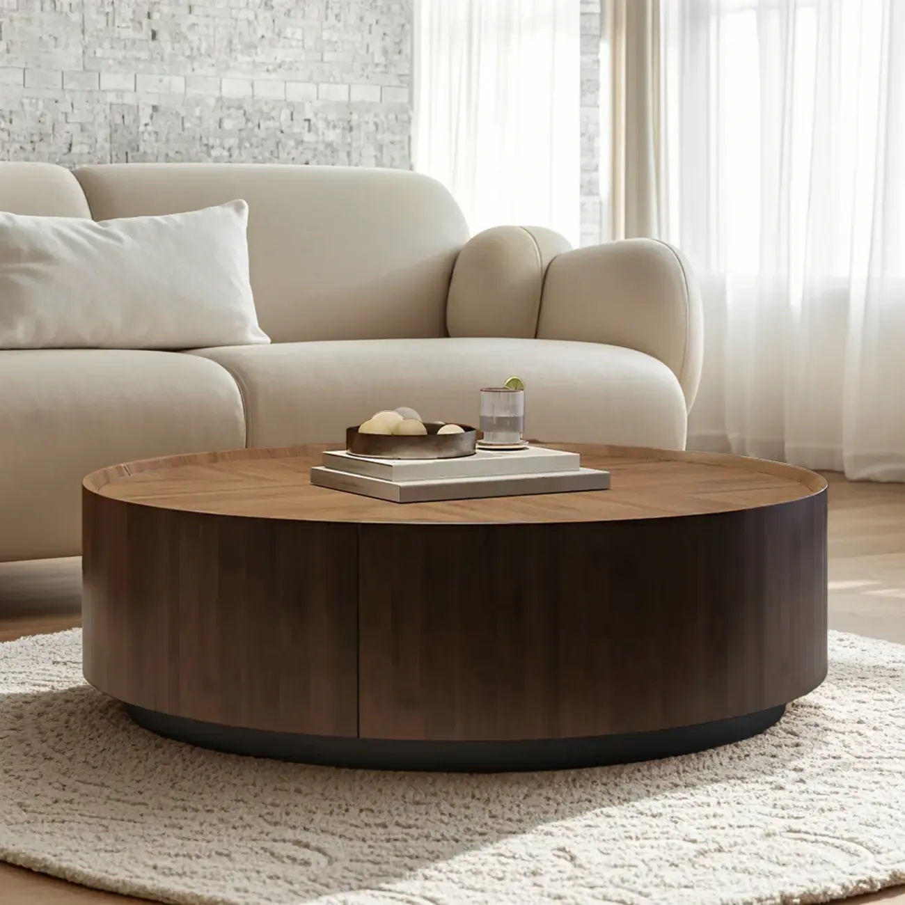 Traditional Brown Round Wood Coffee Table with Storage Image - 1