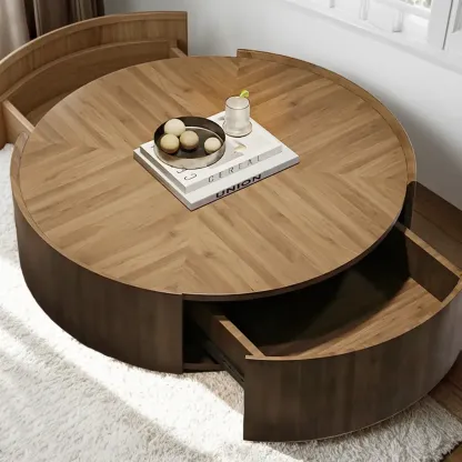 Traditional Brown Round Wood Coffee Table with Storage Image - 2