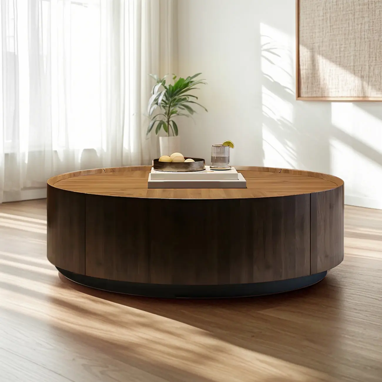 Traditional Brown Round Wood Coffee Table with Storage Image - 3 | homeyfad