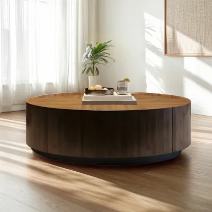 Traditional Brown Round Wood Coffee Table with Storage Image - 3