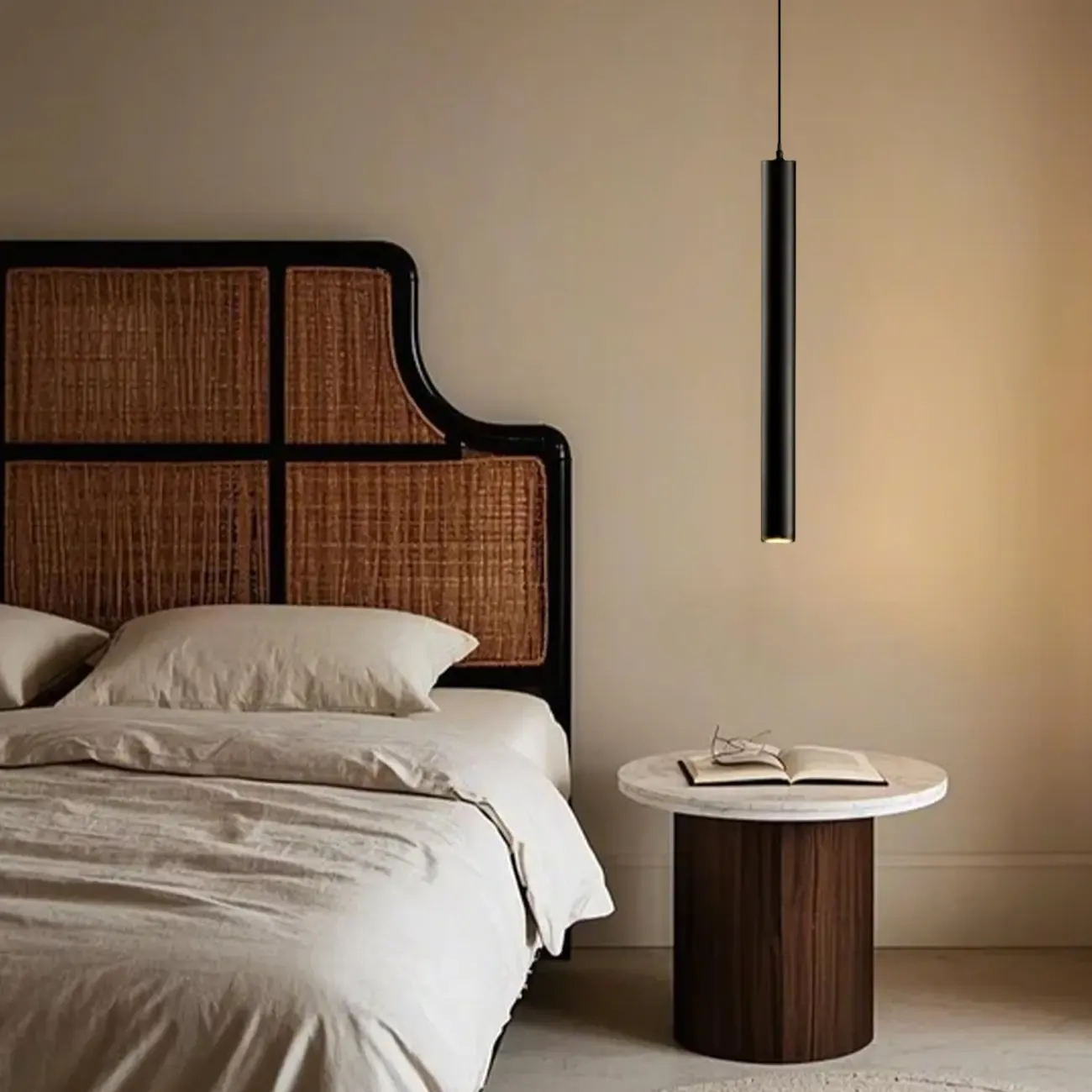 Sleek Long Tube Black Aluminum Pendant Light for Bedside Image - 1