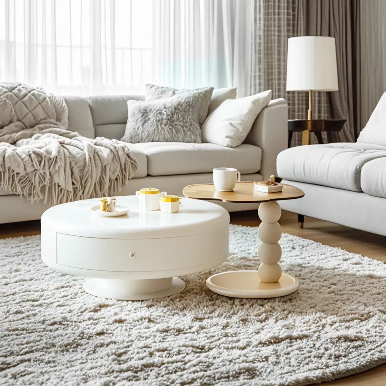 Modern White Round Wood Coffee Table with Drawer Image - 2