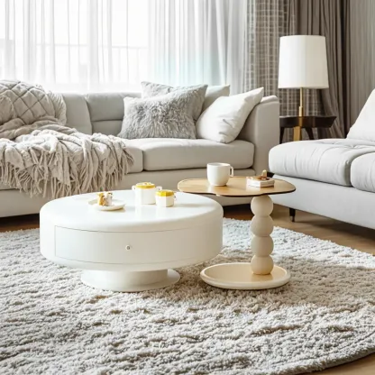 Modern White Round Wood Coffee Table with Drawer Image - 2