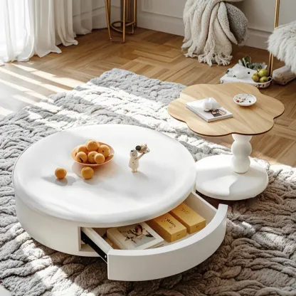 Modern White Round Wood Coffee Table with Drawer Image - 3